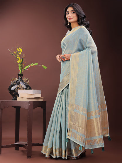 Astita Elegant Sky Blye Organza Saree with Golden Zari Border – Festive & Office Wear Saree with Blouse Piece