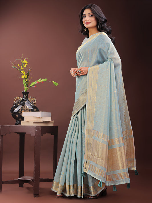 Astita Elegant Sky Blye Organza Saree with Golden Zari Border – Festive & Office Wear Saree with Blouse Piece