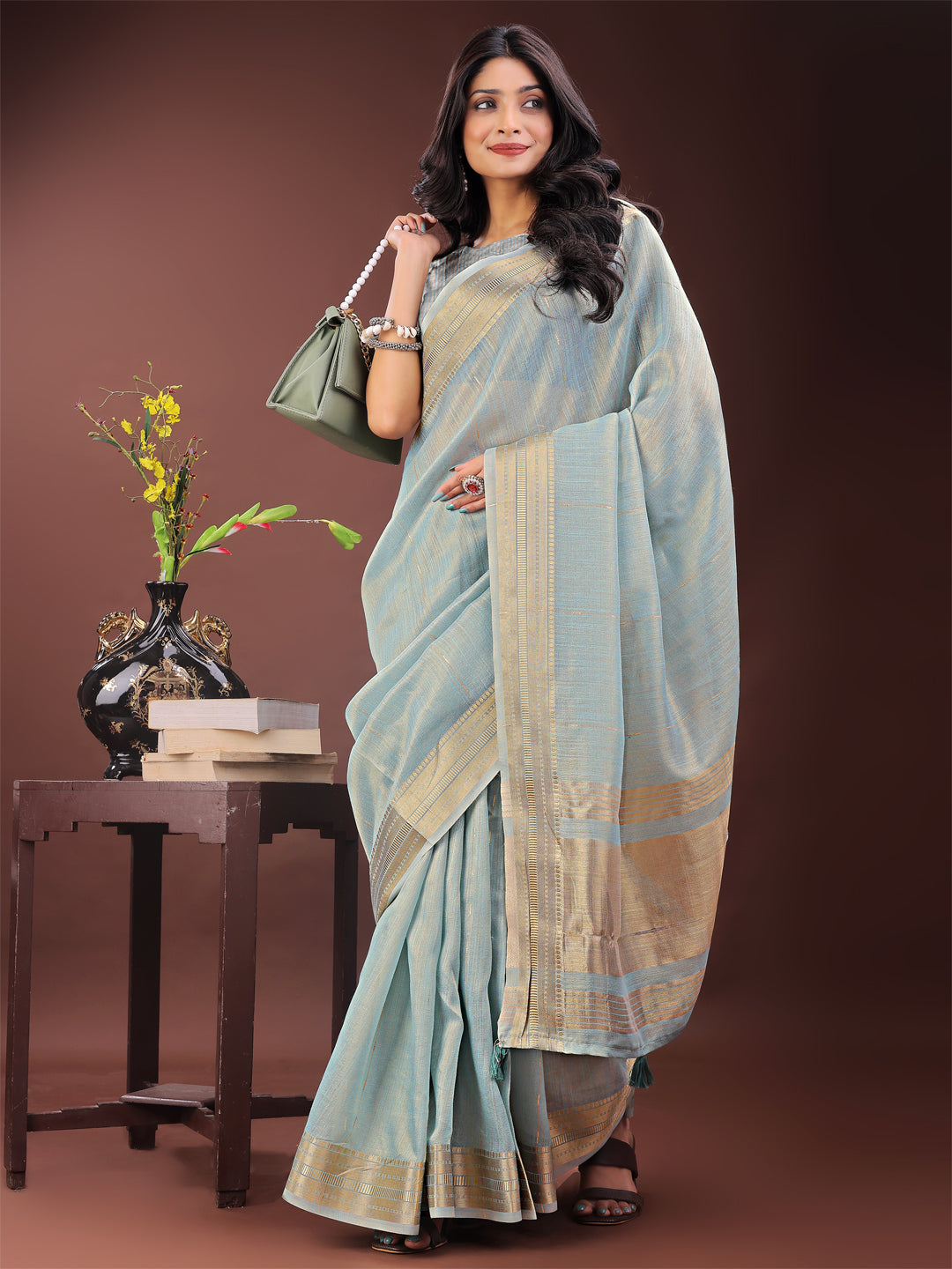 Astita Elegant Sky Blye Organza Saree with Golden Zari Border – Festive & Office Wear Saree with Blouse Piece