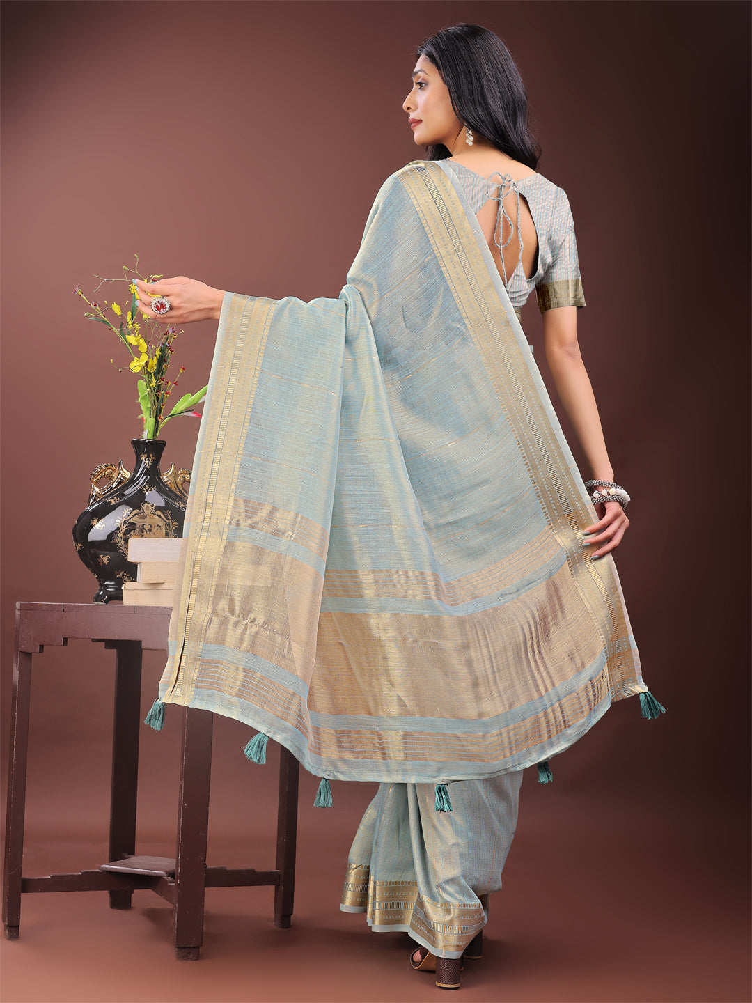 Astita Elegant Sky Blye Organza Saree with Golden Zari Border – Festive & Office Wear Saree with Blouse Piece