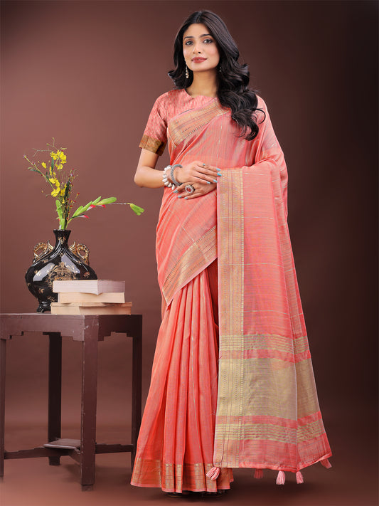 Astita Elegant Peach Organza Saree with Golden Zari Border – Festive & Office Wear Saree with Blouse Piece