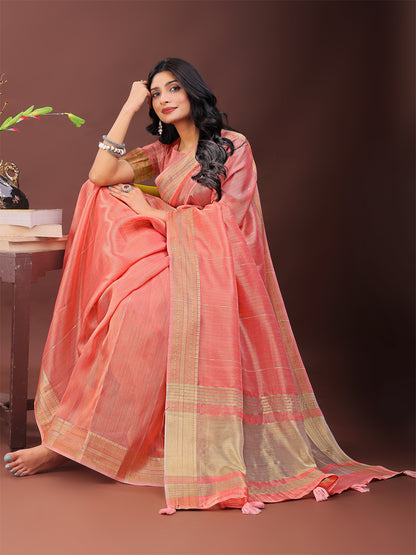 Astita Elegant Peach Organza Saree with Golden Zari Border – Festive & Office Wear Saree with Blouse Piece