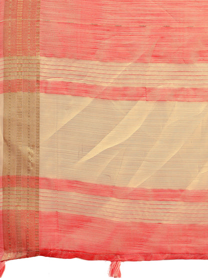 Astita Elegant Peach Organza Saree with Golden Zari Border – Festive & Office Wear Saree with Blouse Piece