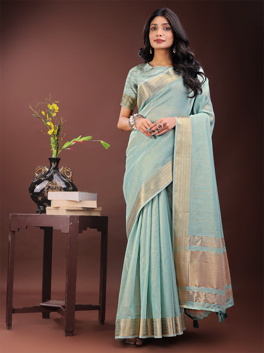 Astita Elegant Olive Green Organza Saree with Golden Zari Border – Festive & Office Wear Saree with Blouse Piece