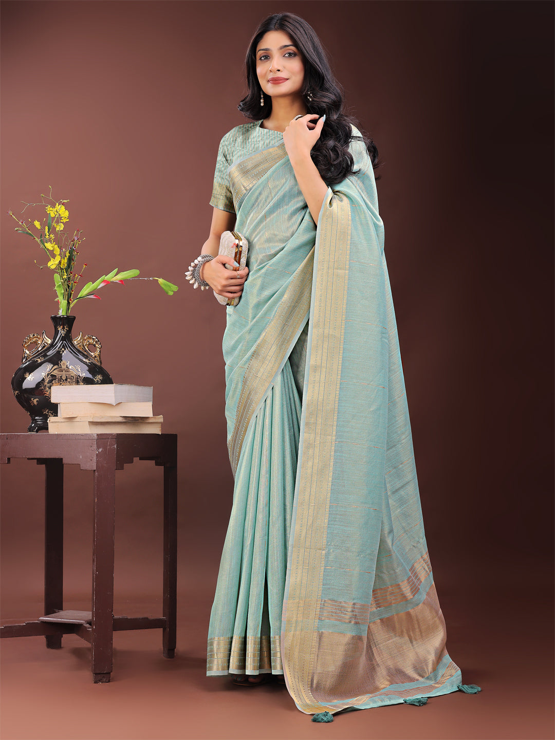 Astita Elegant Olive Green Organza Saree with Golden Zari Border – Festive & Office Wear Saree with Blouse Piece