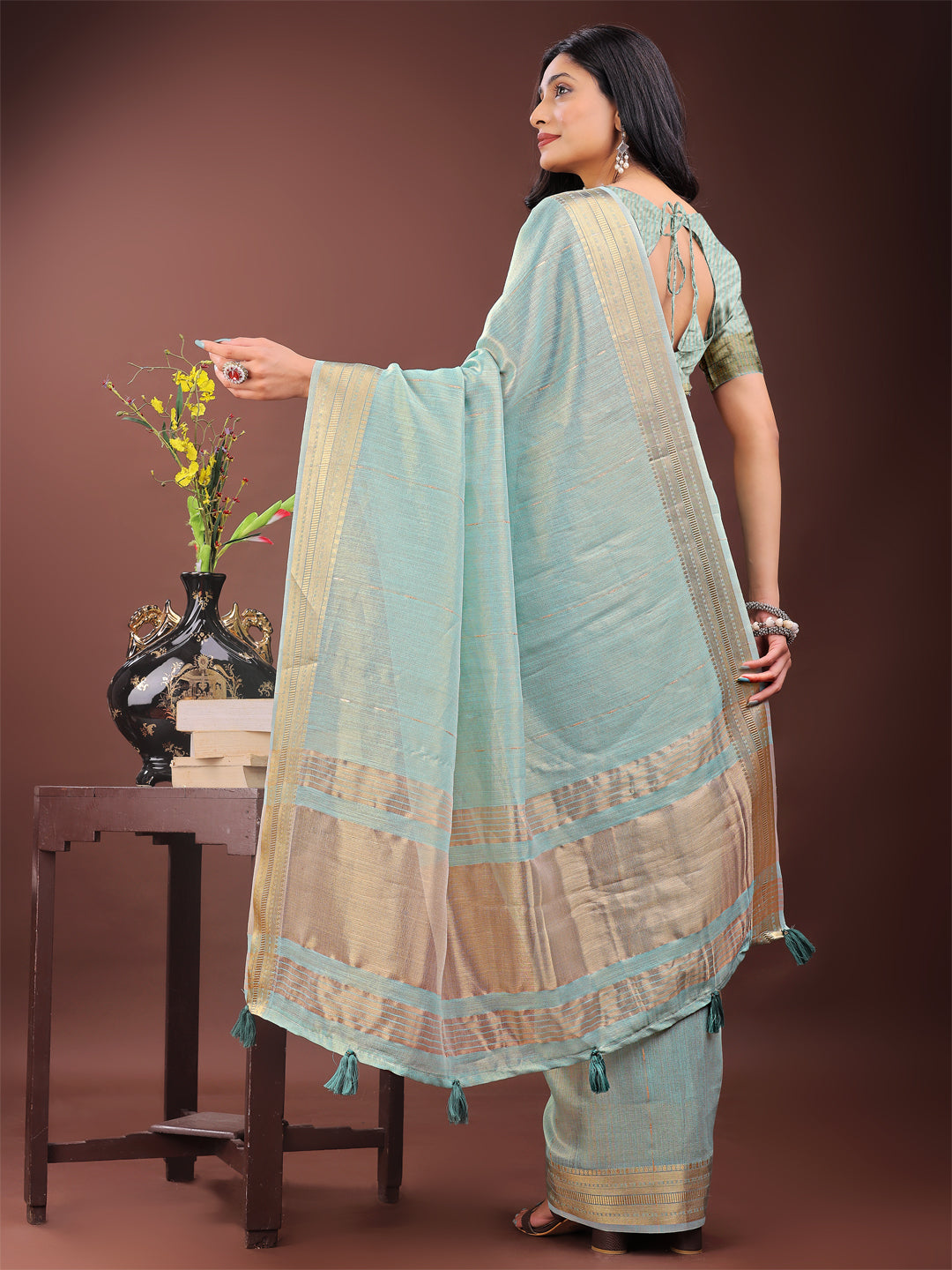 Astita Elegant Olive Green Organza Saree with Golden Zari Border – Festive & Office Wear Saree with Blouse Piece