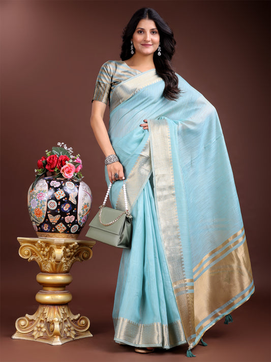 Astita Sky Blue Gold Cotton Ready-to-Wear Saree – Simplicity Meets Effortless Grace