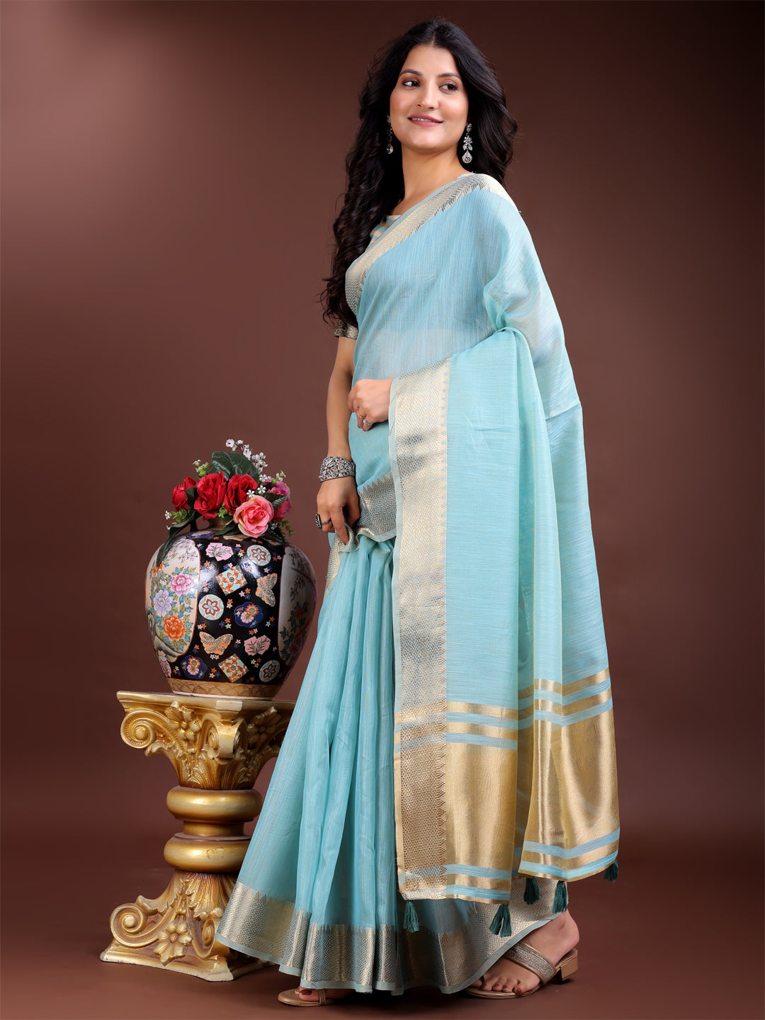 Astita Sky Blue Gold Cotton Ready-to-Wear Saree – Simplicity Meets Effortless Grace