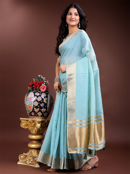Astita Sky Blue Gold Cotton Ready-to-Wear Saree – Simplicity Meets Effortless Grace