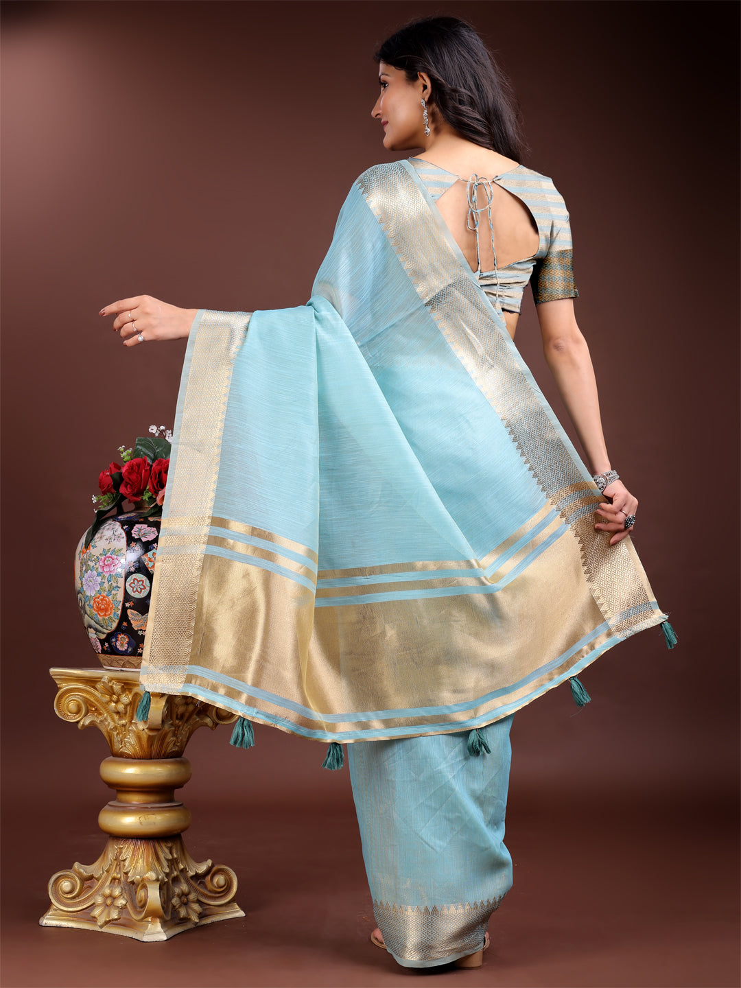 Astita Sky Blue Gold Cotton Ready-to-Wear Saree – Simplicity Meets Effortless Grace