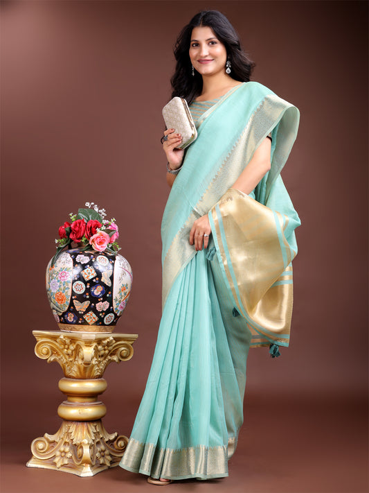 Astita Sea Green Gold Cotton Ready-to-Wear Saree – Simplicity Meets Effortless Grace