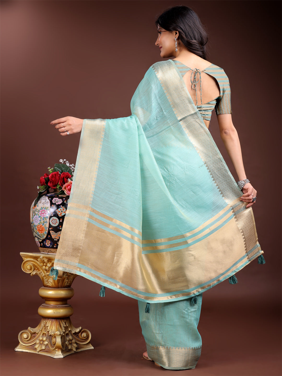 Astita Sea Green Gold Cotton Ready-to-Wear Saree – Simplicity Meets Effortless Grace