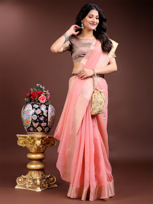 Astita Pink Gold Cotton Ready-to-Wear Saree – Simplicity Meets Effortless Grace