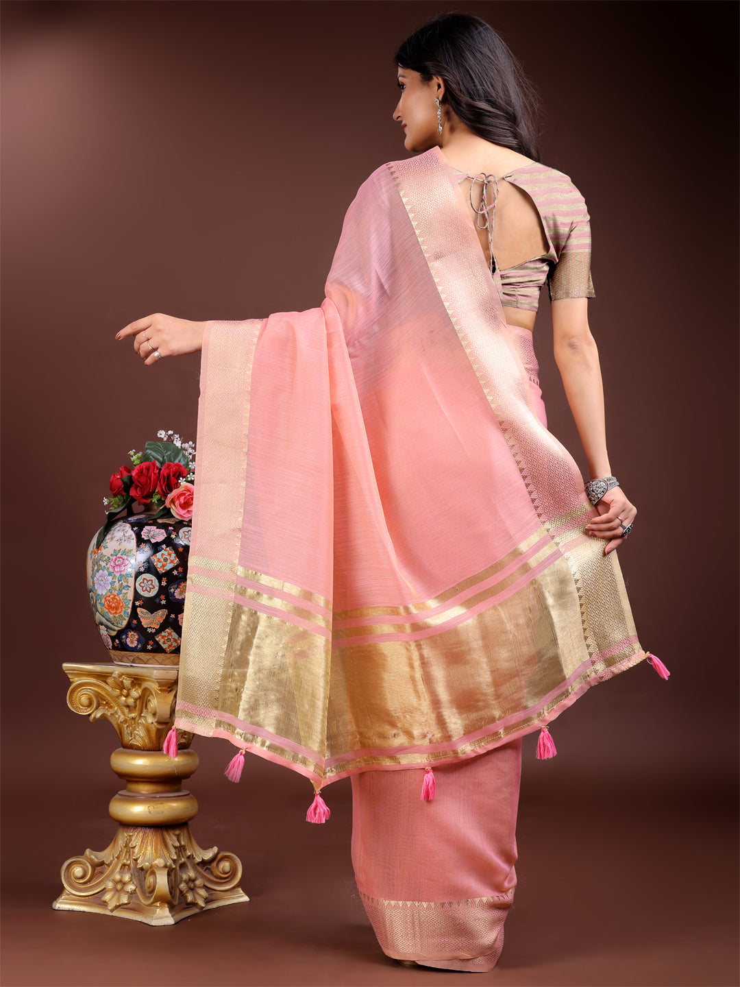Astita Pink Gold Cotton Ready-to-Wear Saree – Simplicity Meets Effortless Grace