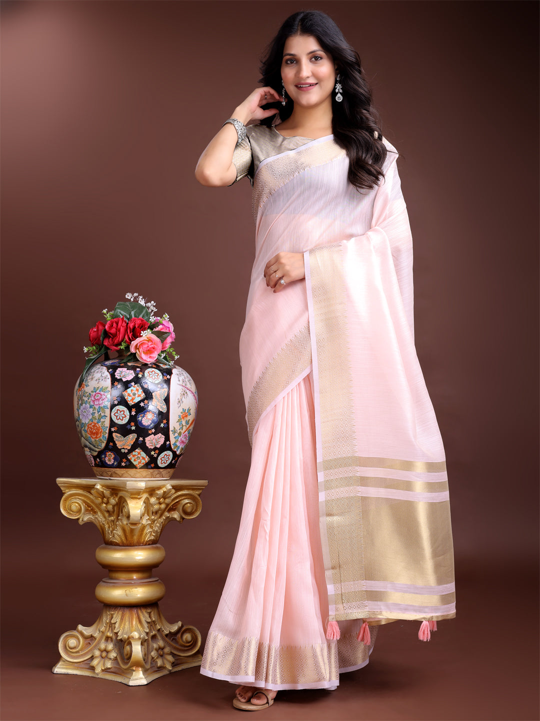 Astita Light Pink Gold Cotton Ready-to-Wear Saree – Simplicity Meets Effortless Grace
