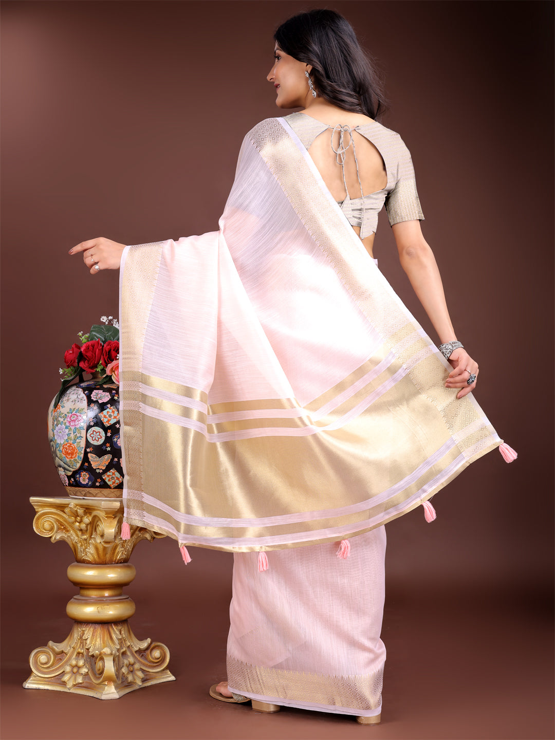 Astita Light Pink Gold Cotton Ready-to-Wear Saree – Simplicity Meets Effortless Grace