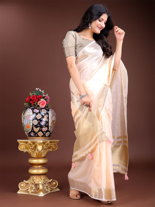 Astita Peach Gold Cotton Ready-to-Wear Saree – Simplicity Meets Effortless Grace