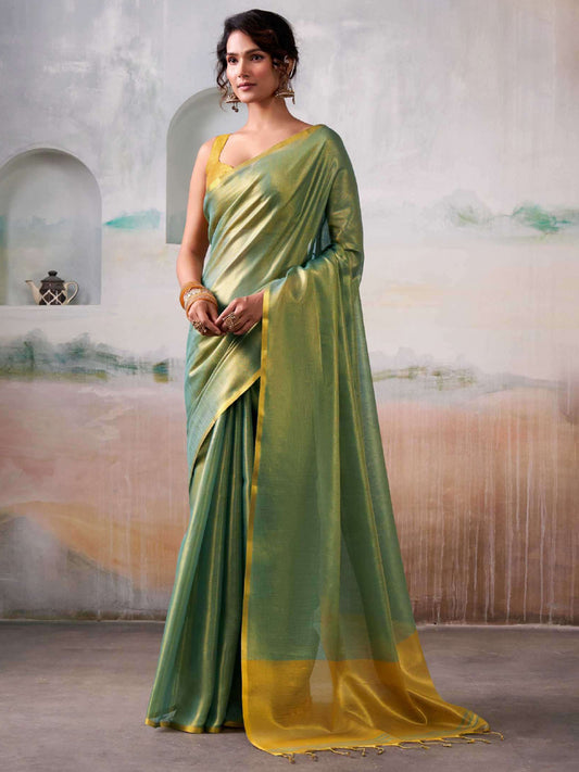 Astita Light Green Tissue Silk Saree with Deep Mustard Border – Classic Ethnic Grace