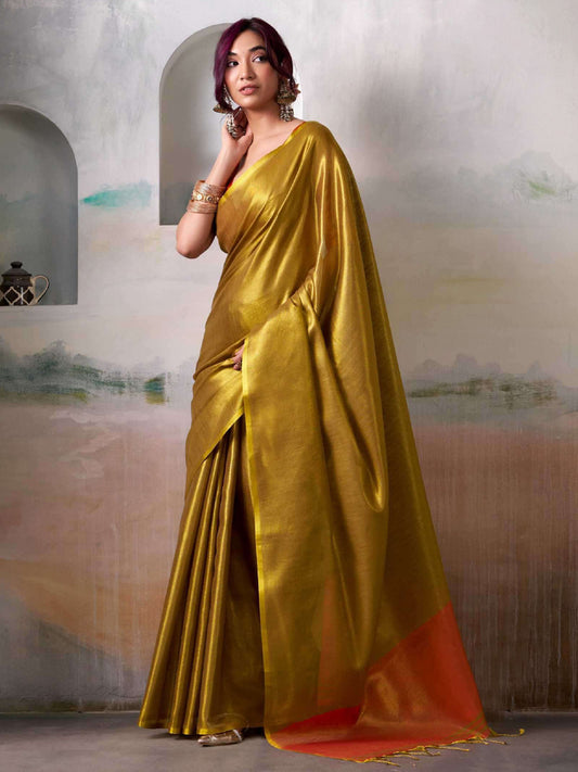 Astita Mustard Tissue Silk Saree with Deep Orange Border – Classic Ethnic Grace