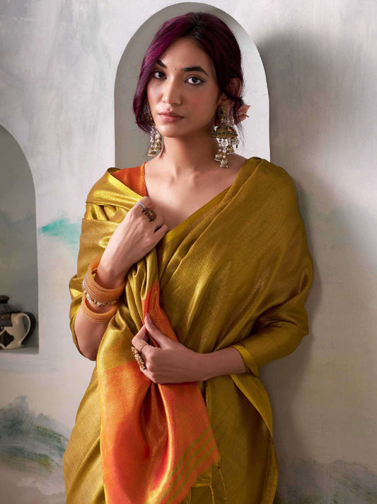 Astita Mustard Tissue Silk Saree with Deep Orange Border – Classic Ethnic Grace