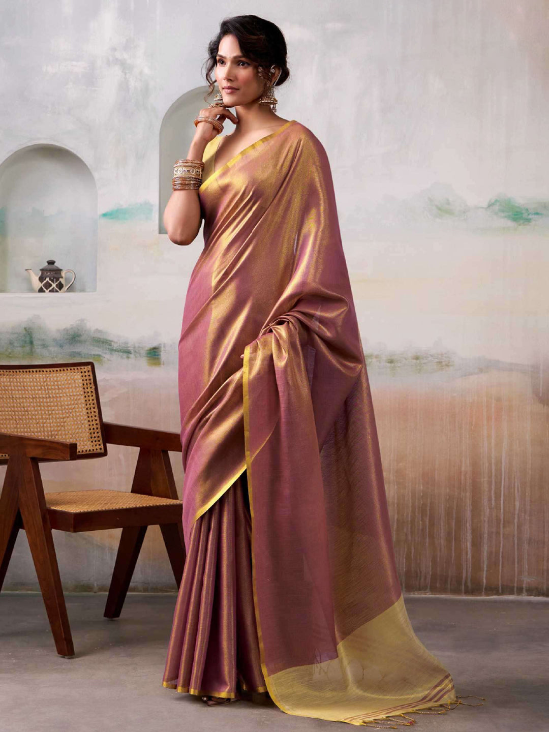 Astita Pruple Tissue Silk Saree with Deep Cream Border – Classic Ethnic Grace