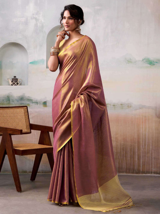 Astita Pruple Tissue Silk Saree with Deep Cream Border – Classic Ethnic Grace