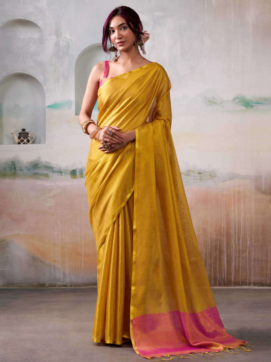 Astita Yellow Tissue Silk Saree with Deep Pink Border – Classic Ethnic Grace