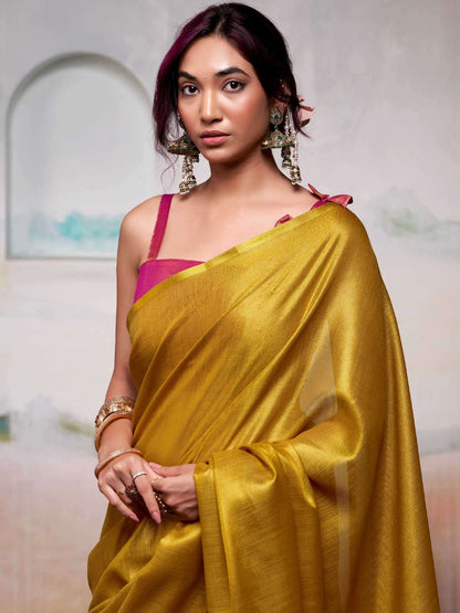 Astita Yellow Tissue Silk Saree with Deep Pink Border – Classic Ethnic Grace