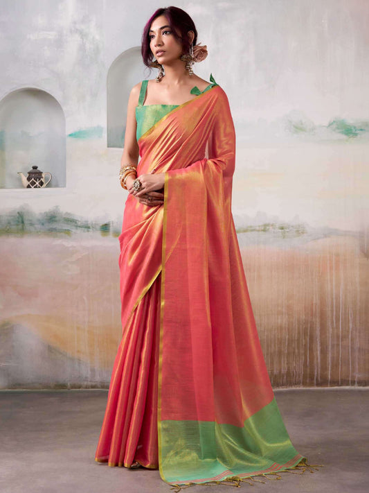 Astita Peach Tissue Silk Saree with Deep Light Green Border – Classic Ethnic Grace