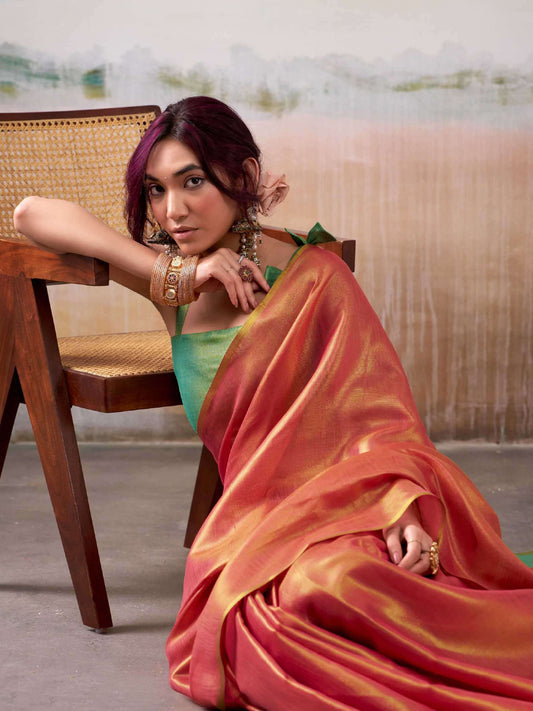 Astita Peach Tissue Silk Saree with Deep Light Green Border – Classic Ethnic Grace