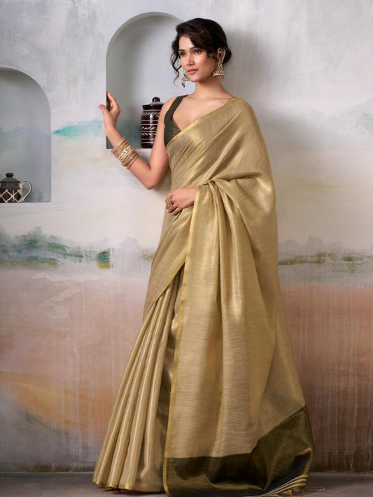 Astita Gold Tissue Silk Saree with Deep Brown Border – Classic Ethnic Grace