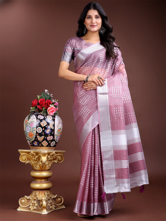 Astita Mauve Organza Saree with Silver Zari Border & Pallu Tassels – Elegant Traditional Saree for Women