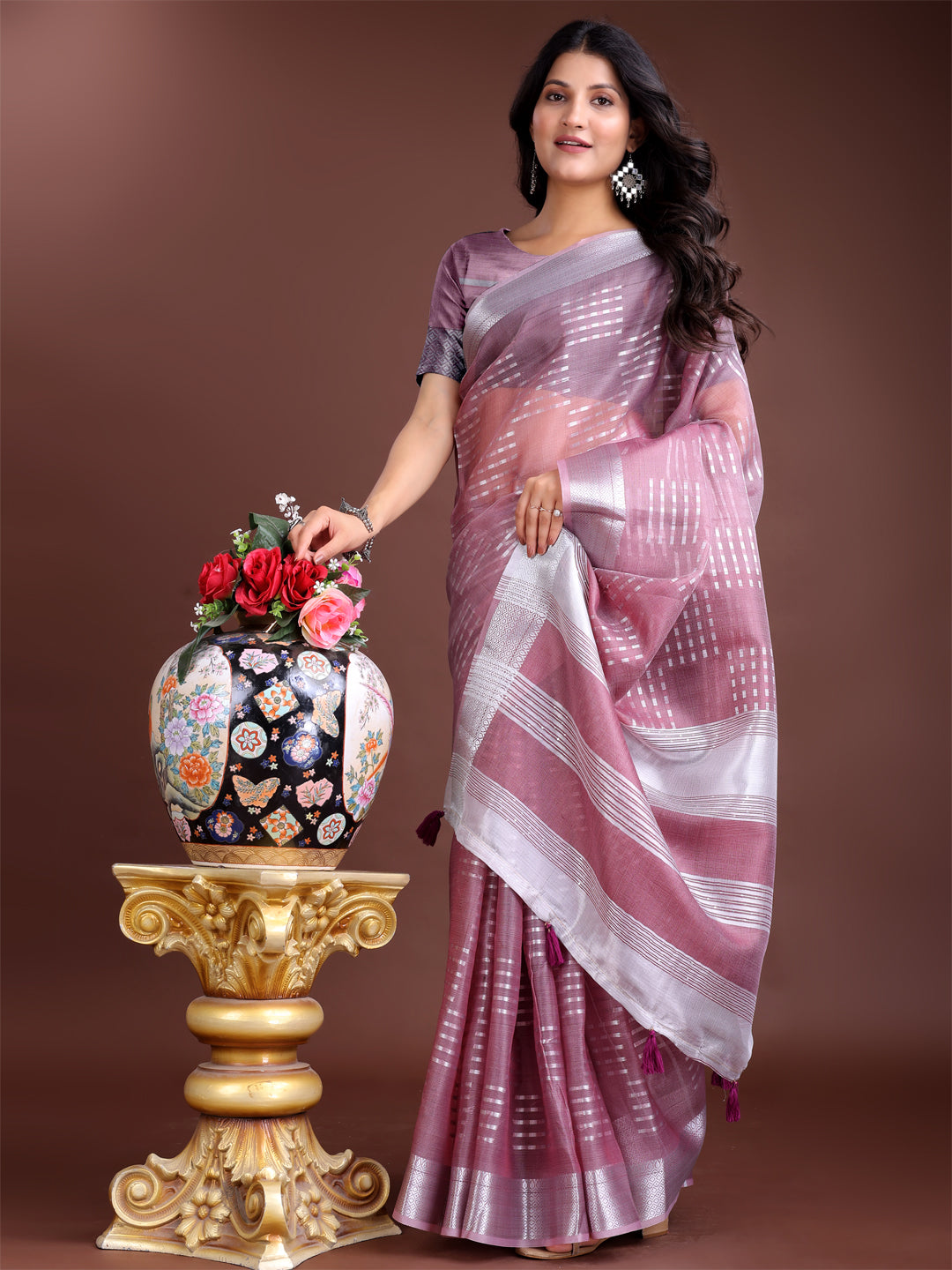Astita Mauve Organza Saree with Silver Zari Border & Pallu Tassels – Elegant Traditional Saree for Women
