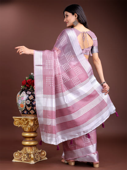 Astita Mauve Organza Saree with Silver Zari Border & Pallu Tassels – Elegant Traditional Saree for Women