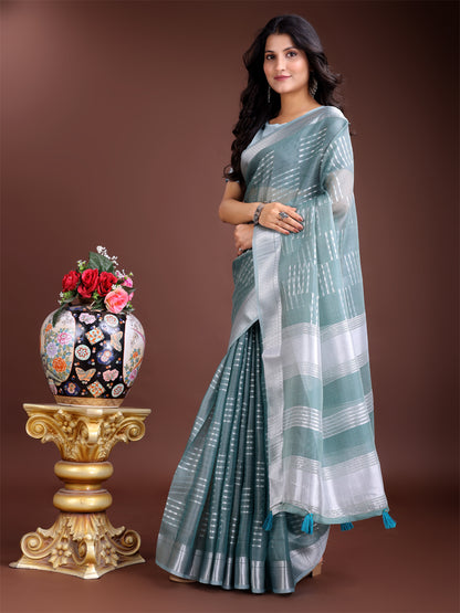 Astita Sea Green Organza Saree with Silver Zari Border & Pallu Tassels – Elegant Traditional Saree for Women