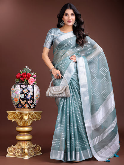 Astita Sea Green Organza Saree with Silver Zari Border & Pallu Tassels – Elegant Traditional Saree for Women
