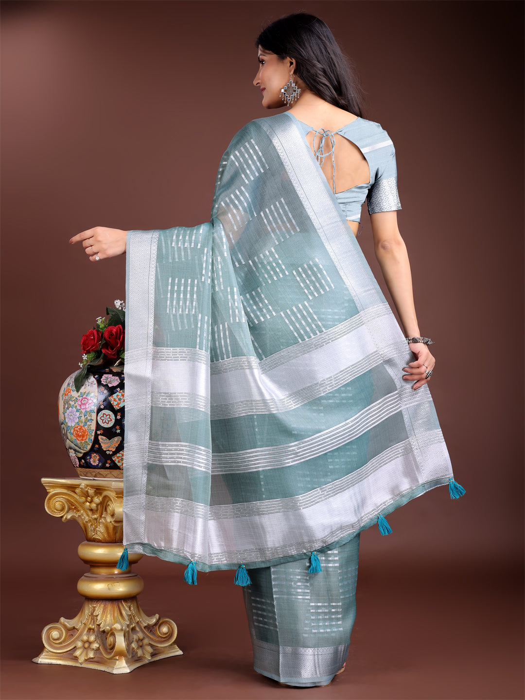 Astita Sea Green Organza Saree with Silver Zari Border & Pallu Tassels – Elegant Traditional Saree for Women