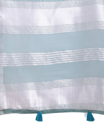 Astita Sea Green Organza Saree with Silver Zari Border & Pallu Tassels – Elegant Traditional Saree for Women