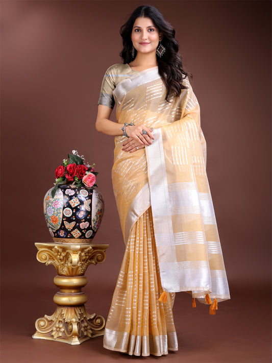Astita Yellow Organza Saree with Silver Zari Border & Pallu Tassels – Elegant Traditional Saree for Women