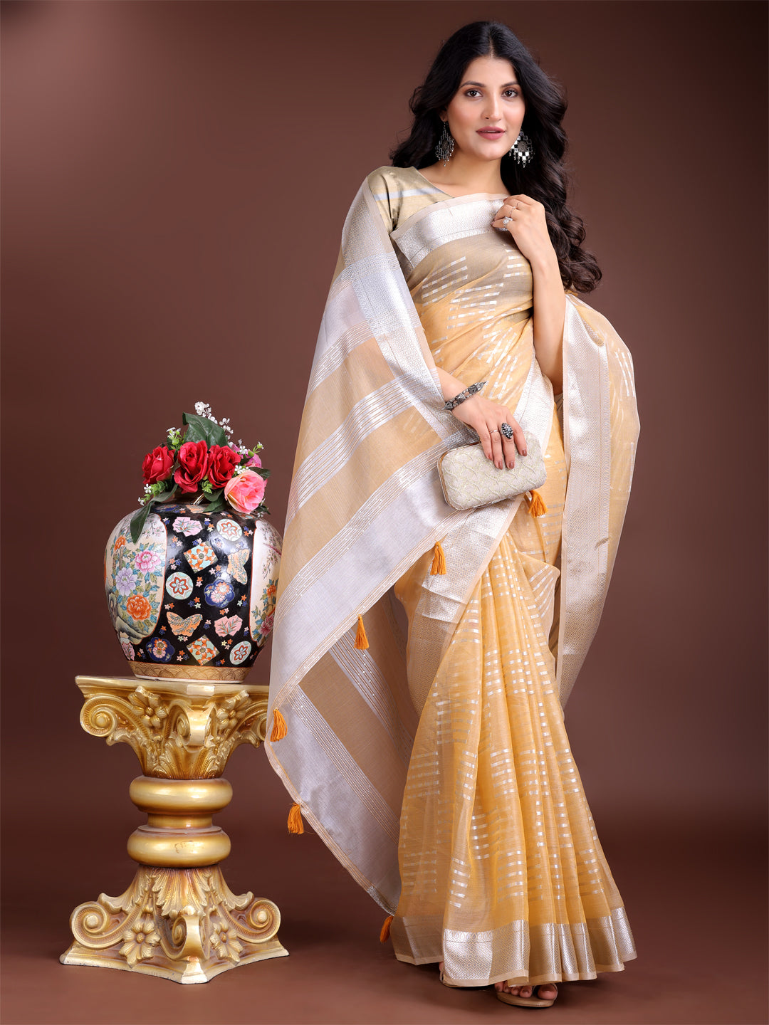 Astita Yellow Organza Saree with Silver Zari Border & Pallu Tassels – Elegant Traditional Saree for Women