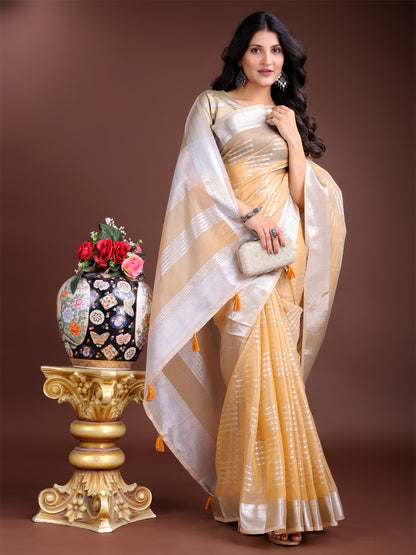 Astita Yellow Organza Saree with Silver Zari Border & Pallu Tassels – Elegant Traditional Saree for Women