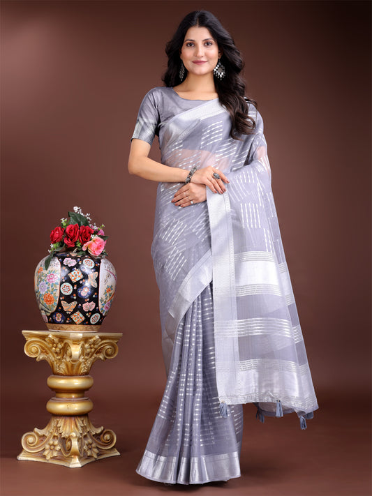Astita Grey Organza Saree with Silver Zari Border & Pallu Tassels – Elegant Traditional Saree for Women