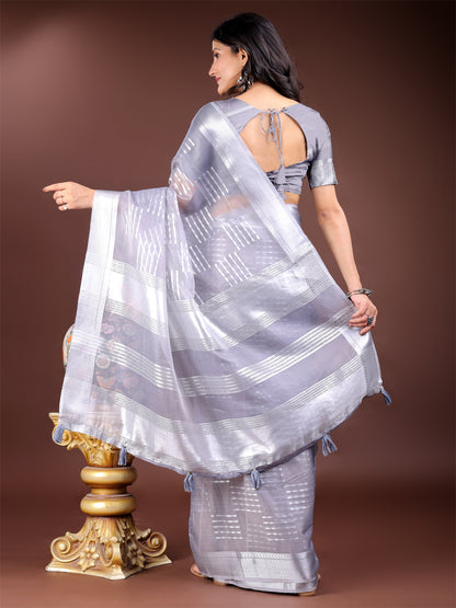 Astita Grey Organza Saree with Silver Zari Border & Pallu Tassels – Elegant Traditional Saree for Women