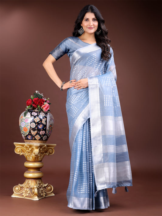 Astita Sky Blue Organza Saree with Silver Zari Border & Pallu Tassels – Elegant Traditional Saree for Women