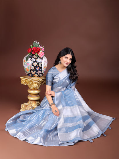 Astita Sky Blue Organza Saree with Silver Zari Border & Pallu Tassels – Elegant Traditional Saree for Women