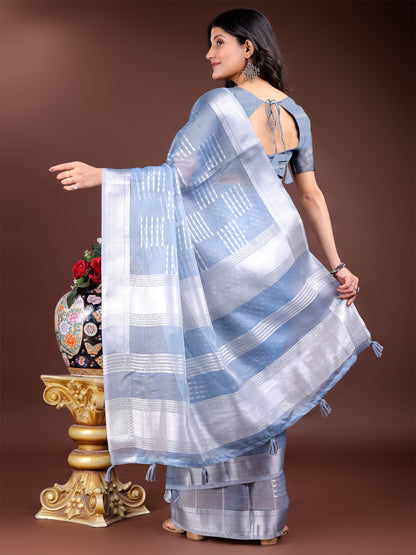 Astita Sky Blue Organza Saree with Silver Zari Border & Pallu Tassels – Elegant Traditional Saree for Women