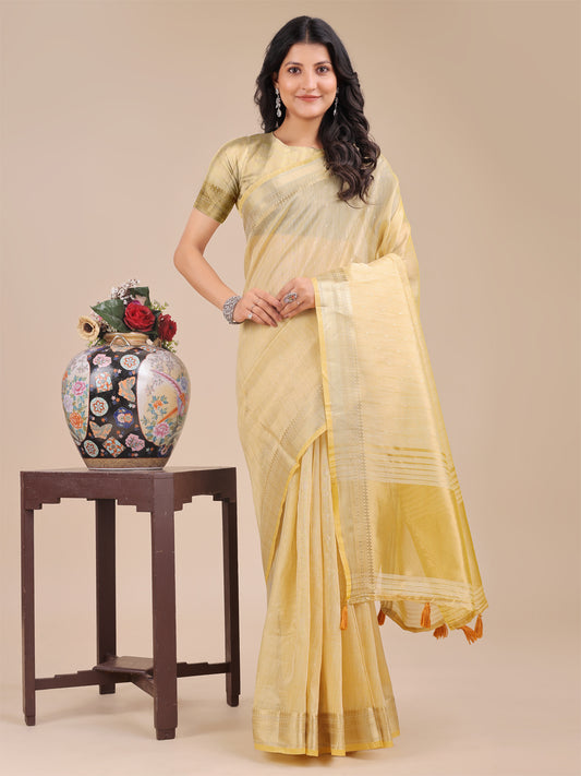 Astita Lemon Yellow Organza Saree with Zari Border & Tassel Pallu – Lightweight Festive Saree for Women