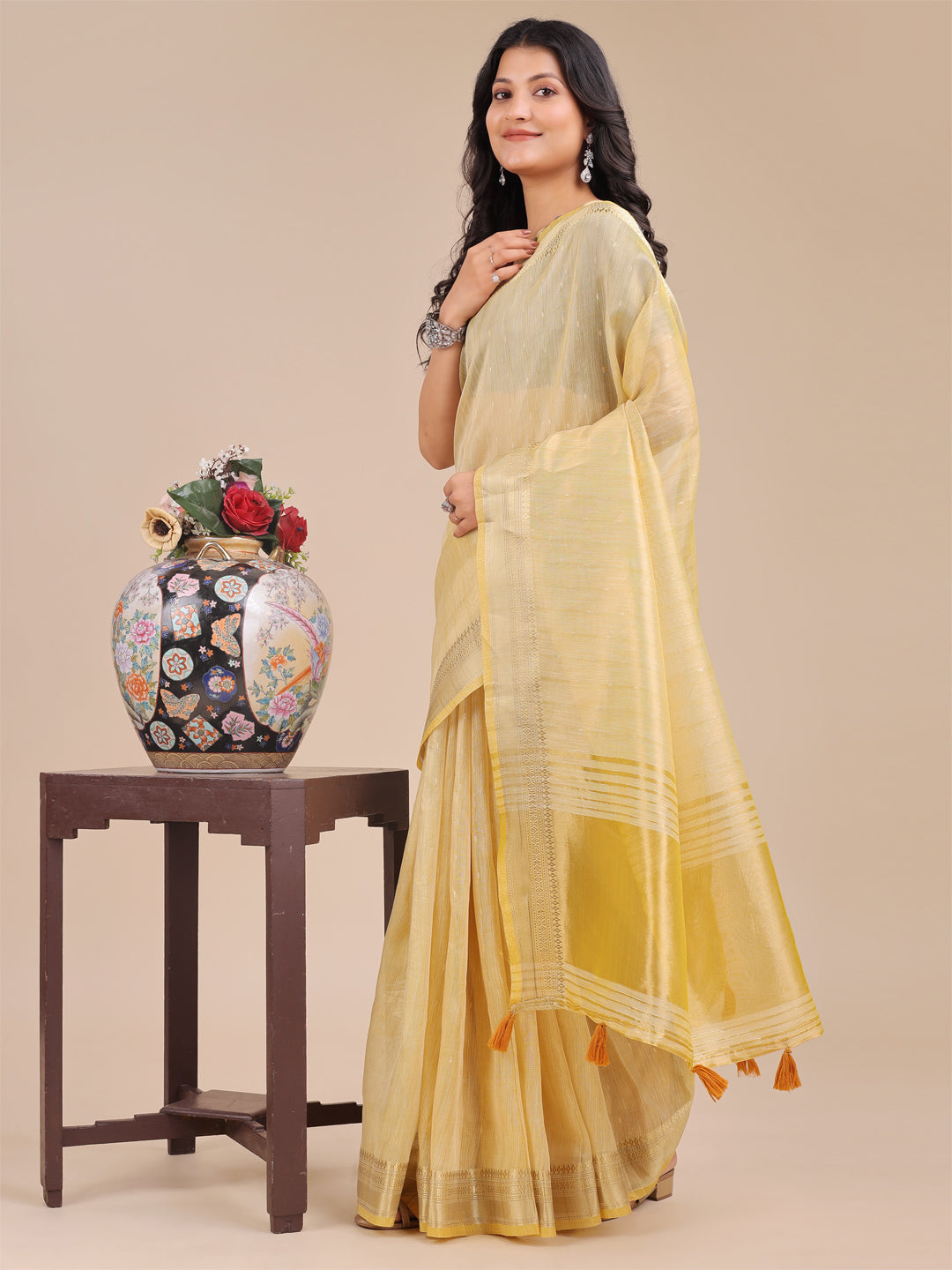 Astita Lemon Yellow Organza Saree with Zari Border & Tassel Pallu – Lightweight Festive Saree for Women