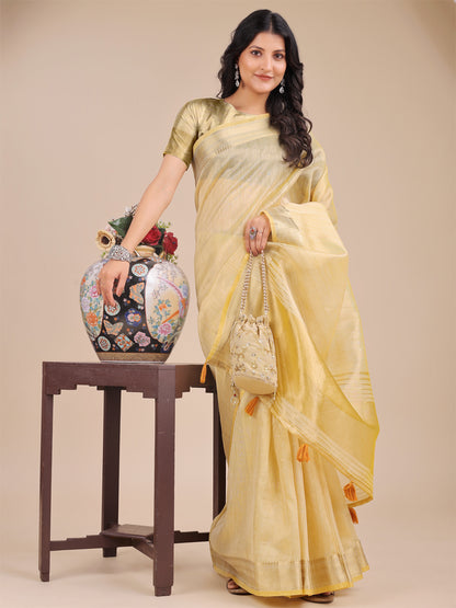 Astita Lemon Yellow Organza Saree with Zari Border & Tassel Pallu – Lightweight Festive Saree for Women