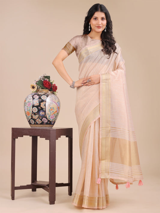 Astita Peach Organza Saree with Zari Border & Tassel Pallu – Lightweight Festive Saree for Women